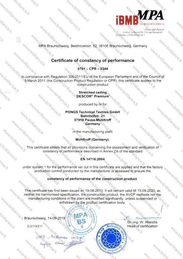Įtempiamų lubų sertifikatas iBMB MPA