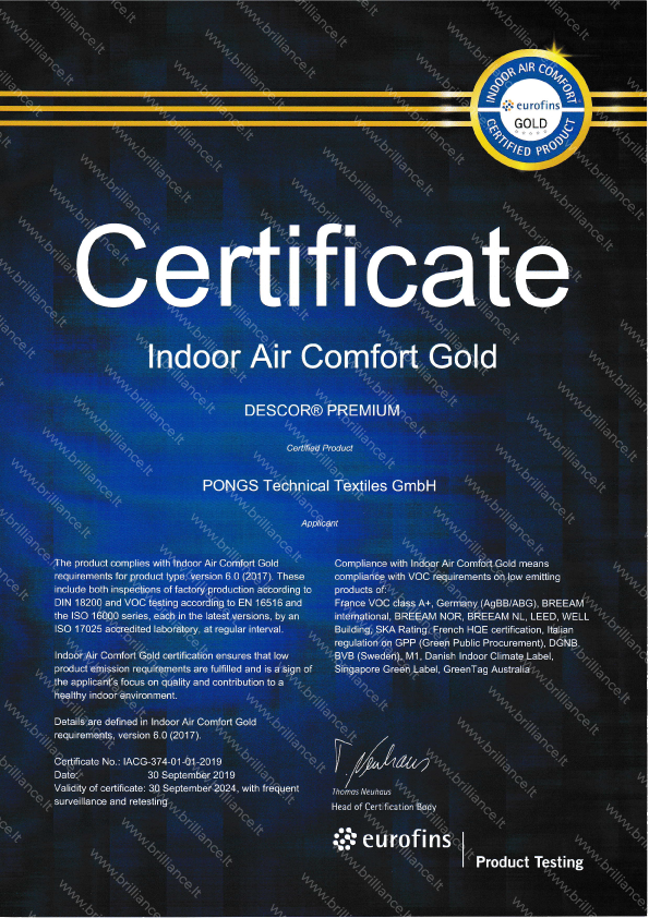 Įtempiamų lubų sertifikatas Indoor Air Comfort Gold