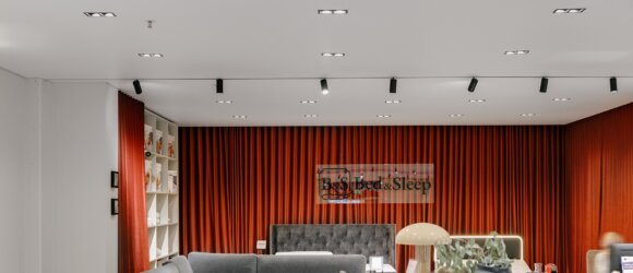 Exclusive design stretch ceiling in furniture store, Madrid, Spain